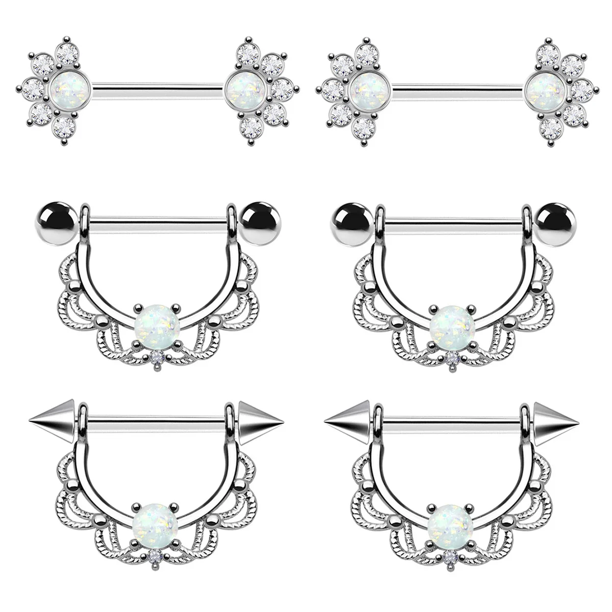 2 pièces 14g opale anneau de sein en acier inoxydable Lotus Semi-circulaire mamelon haltère anneau de sein femmes mamelon poitrine Piercing bijoux