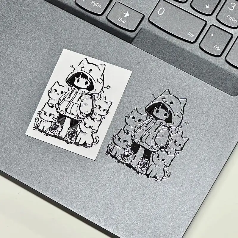 Waterproof 3D Metal Stickers: Girl & Cat - alternate angle