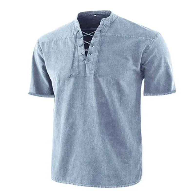 

Men Short-sleeved Shirt Tops Collar Man's Clothing Lace-up Vintage Casual Vintage Chic Design Summer Solid Slim