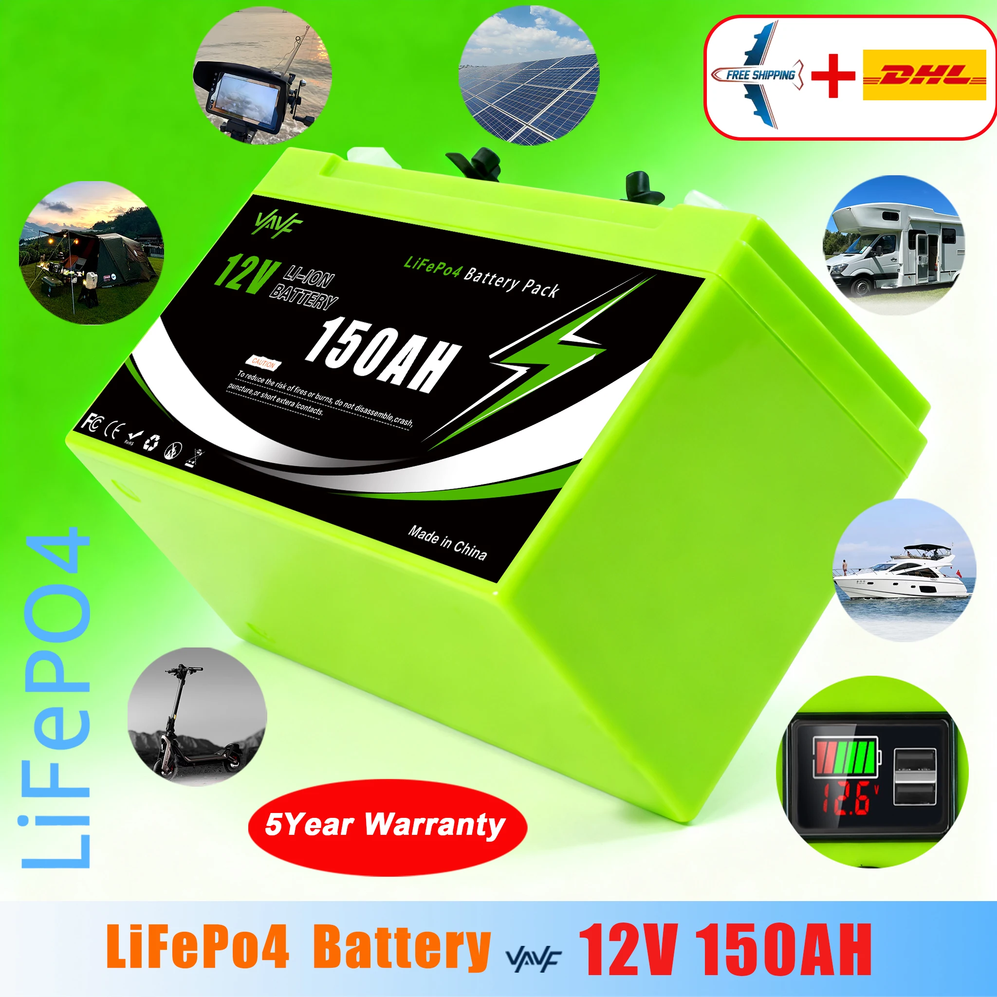 

Литиевая батарея LiFeP04 12 В, 150 Ач для солнечной зарядки, рыболокатор, морской открытый кемпинг, автономное применение с USB-портом