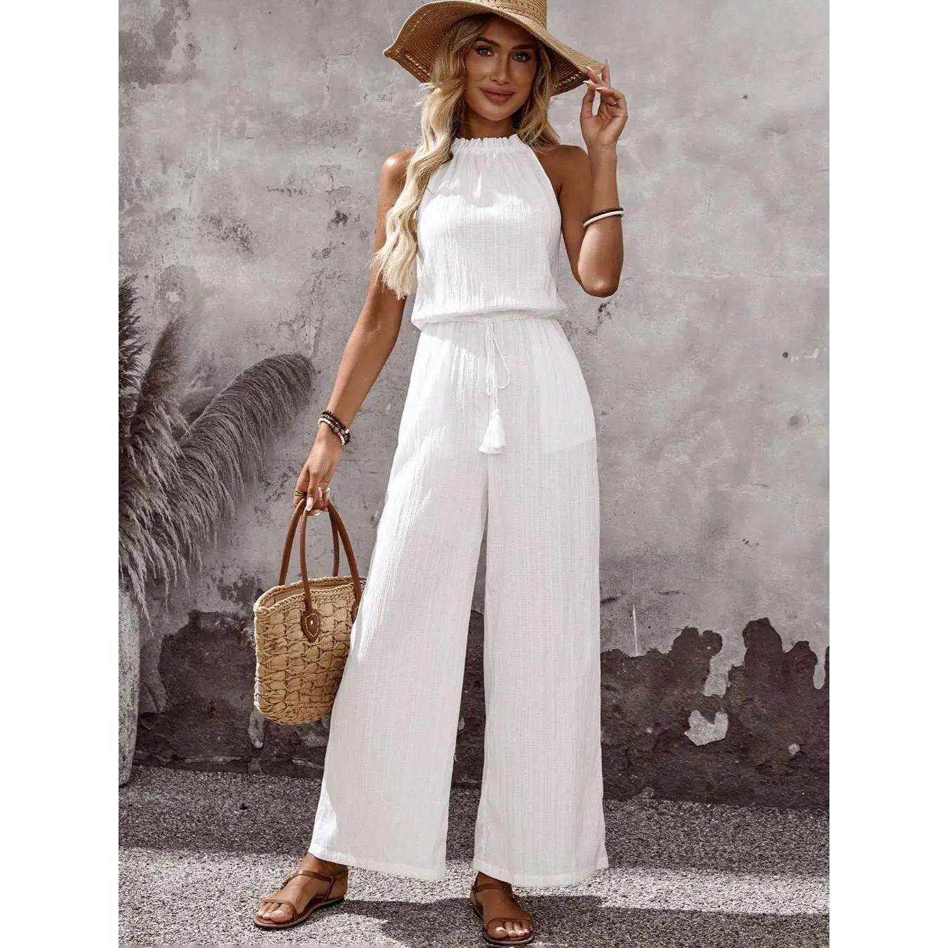 Fashionable White Simplistic Summer Neck Hanging Shoulder Bared Waist in Belted Sleeveless Jumpsuit Long Pants Casual Style