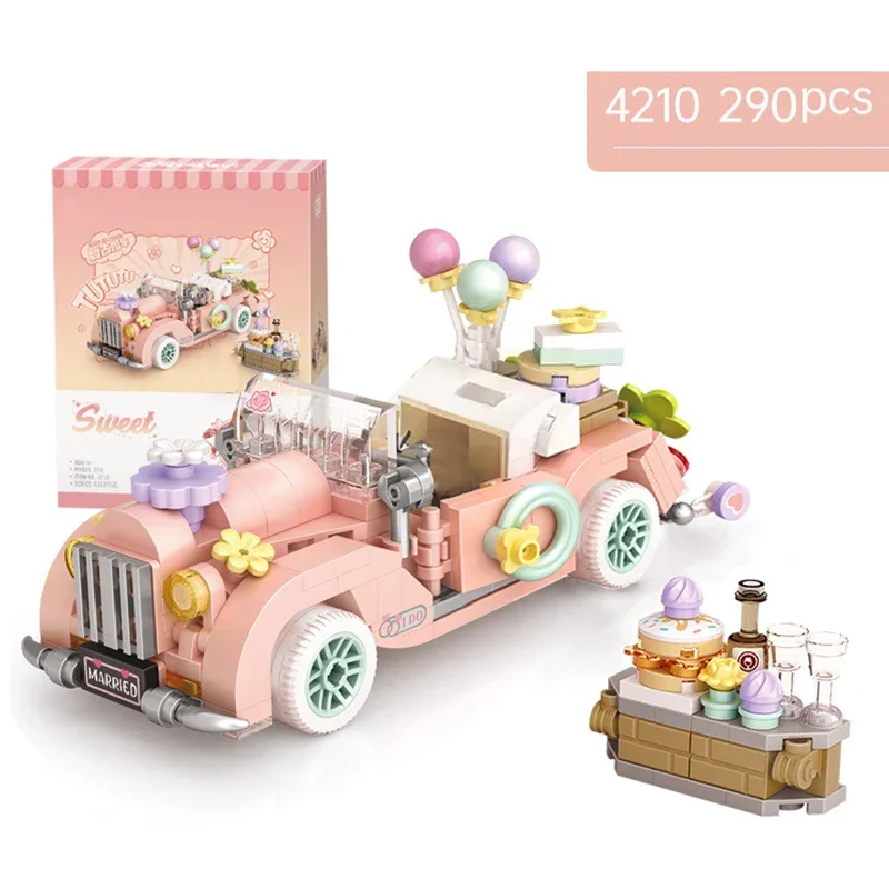 Cartoon Car Building Block Set DIY Cute Romantic Wedding Car Model Assembled Ornaments Toy Gifts for Children and Adults