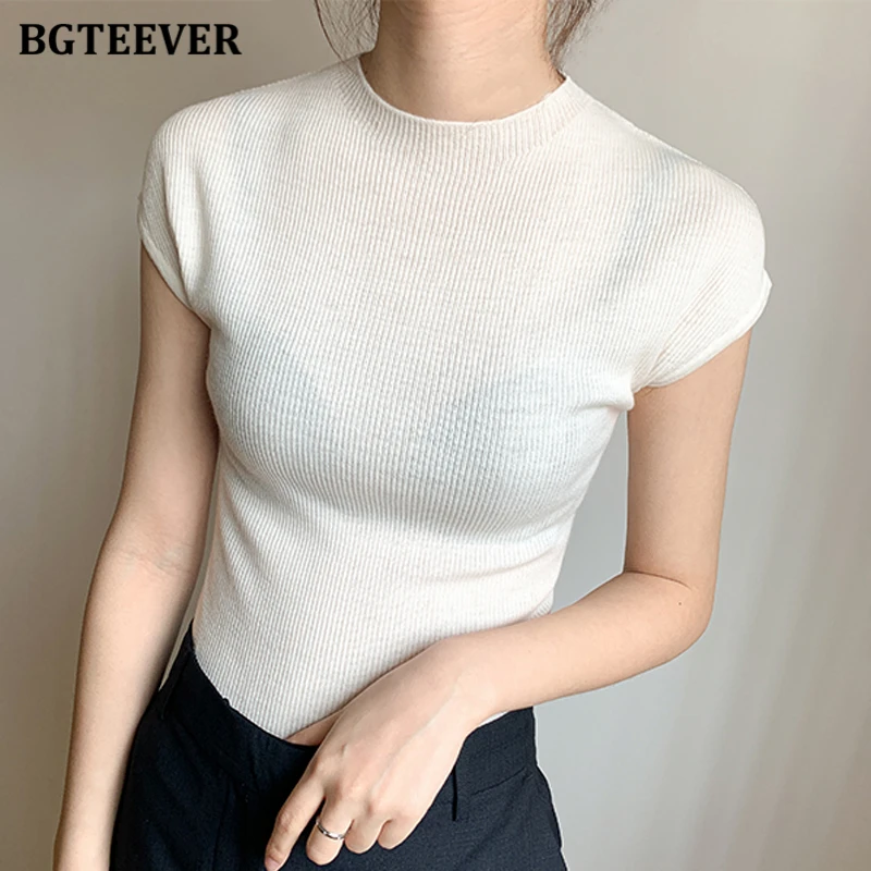 BGTEEVER Summer Elegant O-neck Stretched FemaleT-shirts Short Sleeve Slim Women Knitted Pullovers Tees Casual Ladies Tops