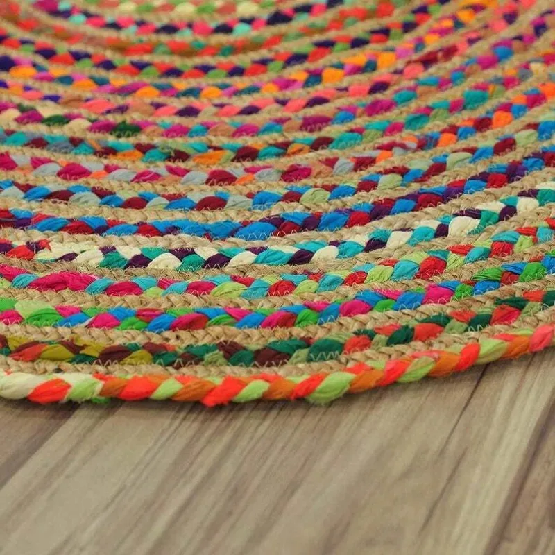 Oval Rug Jute Braided Colorful Cotton Carpet Modern Home Living Room Floor Mat Pastoral Fashion Area Rug Bedroom Decor