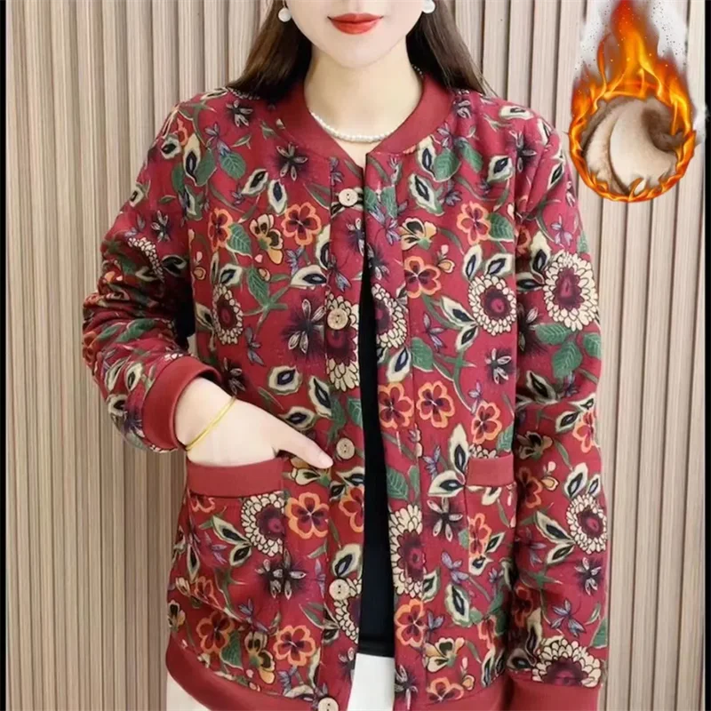 2024 Winter Vintage Art Fragmented Flower Plush Coat dla kobiet Luźny i smukły jednorzędowy zagęszczony nadruk do ciepłej odzieży wierzchniej