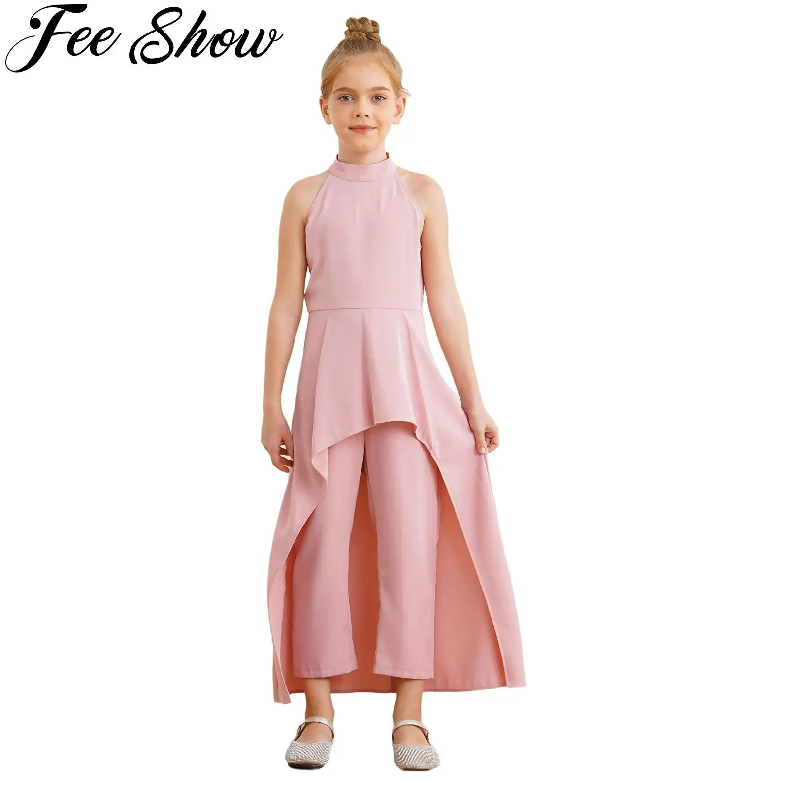 Kids Girls Elegant Jumpsuits Sleeveless High-Low Skirted Rompers Bodysuit for Formal Wedding Pageant Banquet Birthday Party Prom