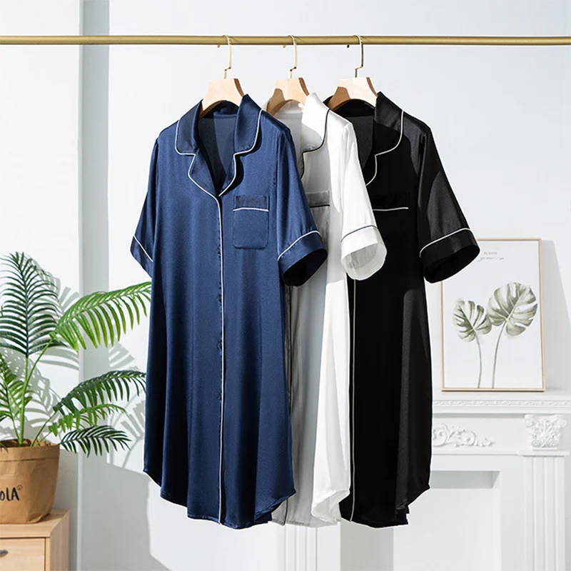 SuyaDream Woman Silk Shirt Dress 93%Real Silk 7%Spandex Single Breasted Mini Dresses 2023 Summer Nightgowns Navy