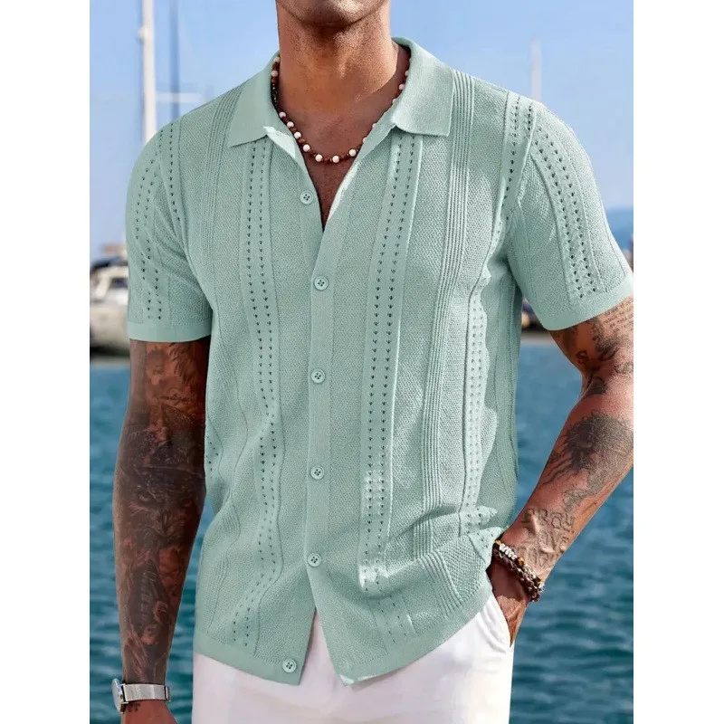 Spring Men's Clothing Short Sleeve Shirt For Men Cuban Collar Knit Loose Fit Casual Top Polyester Solid Color Regular Weight