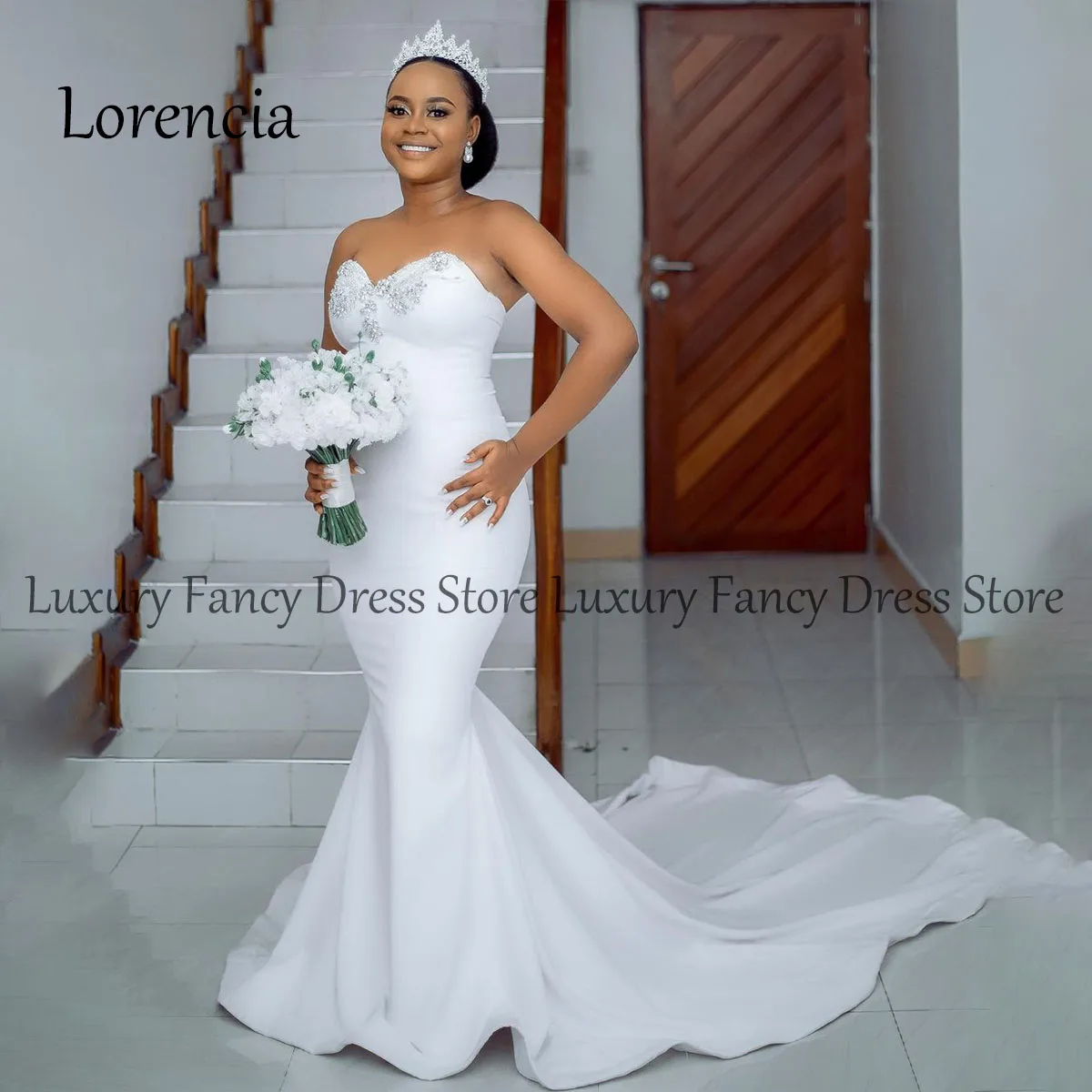 Crystal Strapless Long Mermaid Wedding Dresses For Black Girl Diamond Sleeveless Bridal Gowns Formal Sweep Train robe de mariée