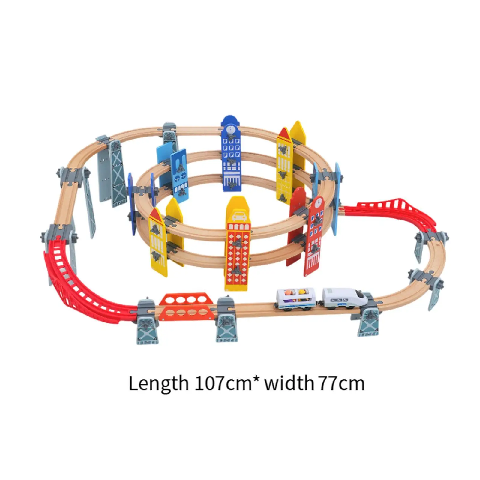 Conjuntos de trem e pista de madeira, brinquedo de viagem, conjunto ferroviário com ponte para idades de 3 + anos, pré-escolar, jardim de infância, crianças, suprimentos para festas