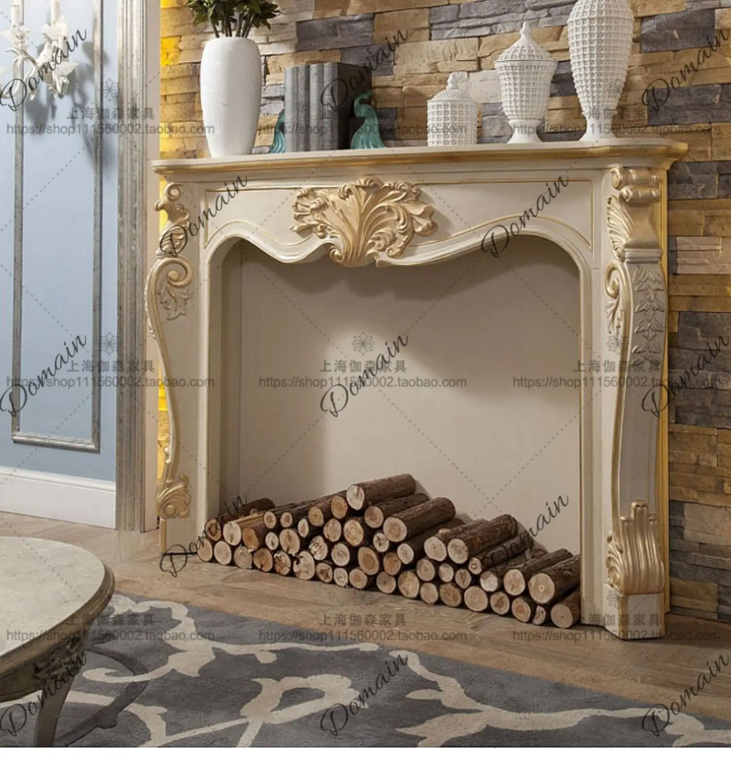 French carved light luxury fireplace decorative cabinet solid wood gold-painted shelf simple ivory white antique entrance
