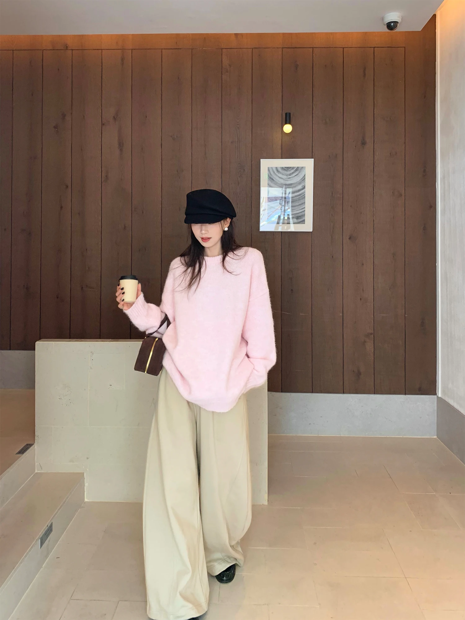 

Loose Fit round Ne Sweater Women's Pink Peach Color Korean Sle Casual Comfortable Polyester Fiber Long Sve Top