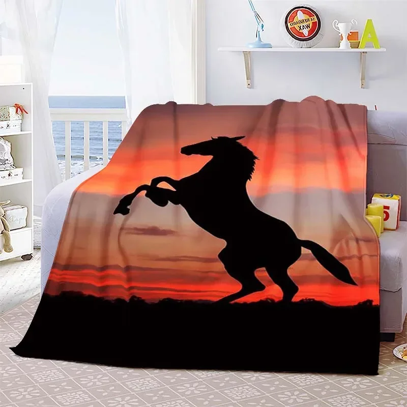 Manta de fondo de puesta de sol de animales salvajes para cama, sofá, sofá, súper suave, ligero, King, tamaño Queen, caballos, tiro