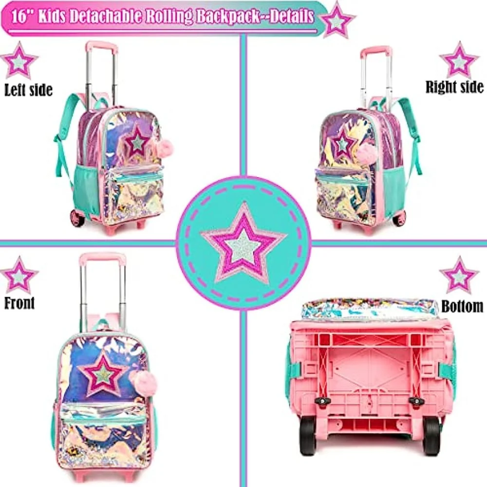 BIKAB 3PCS Girls Rolling Backpacks Kids Backpack with Wheels for School Bags Luggage mochilas para niñas