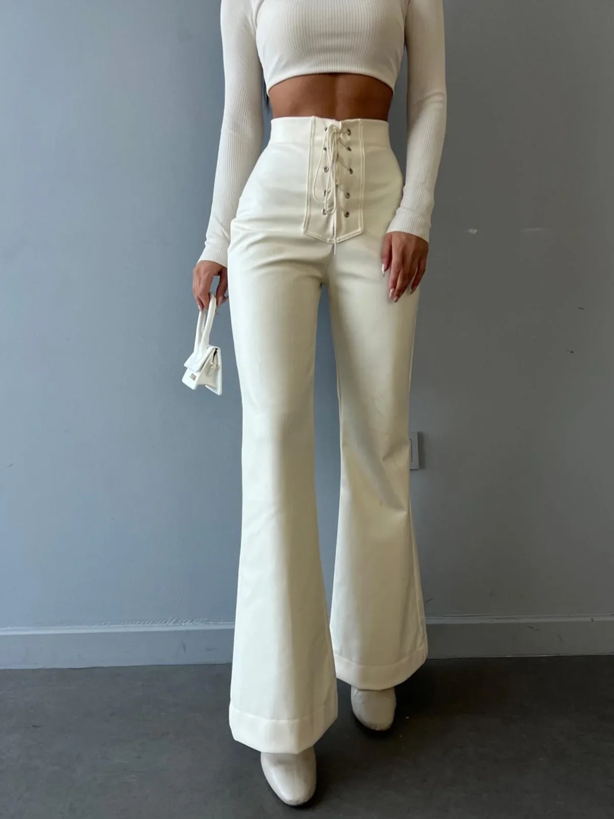 Stylish Chic Faux Leather Pants Women Autumn Winter Sexy High Waist Long Flare Pants Woman Drawstring Black PU Leather Trousers