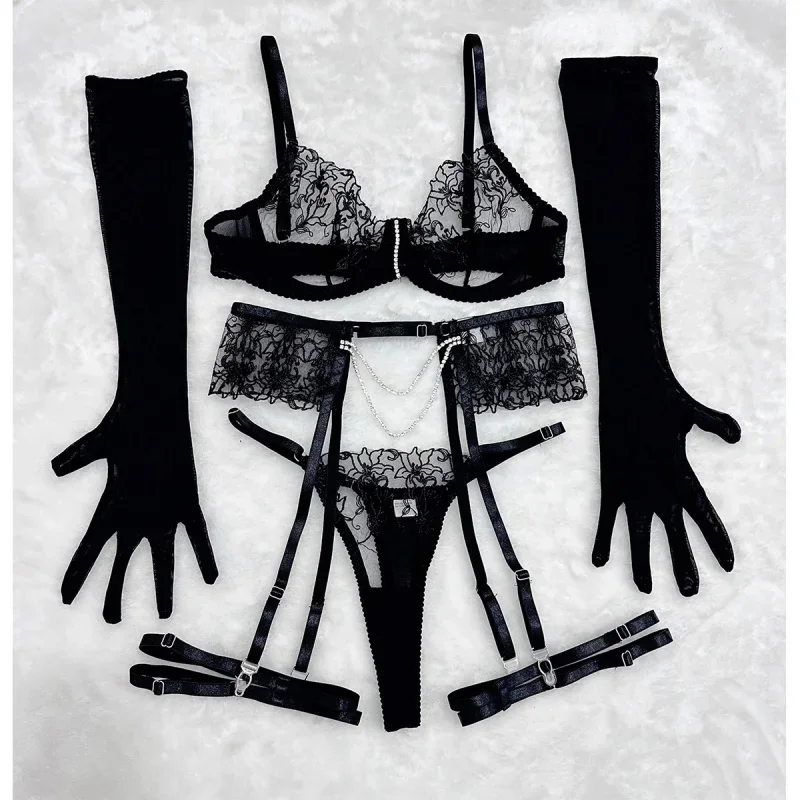 

Bikini Fashion Sexy Lingerie Set See-through Embroidered Chain Mesh Gathered Bra for Women