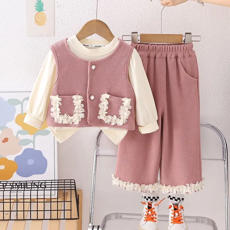 

Kids Clothing Suit New Baby girl autumn outfit set Spring and Autumn children's vest T-shirt pants three piece set