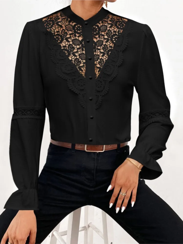 Elegant Long-sleeved O-neck Versatile Shirt Tops For Women Autumn Fashion Lace Hollow Solid Color Single-breasted Blouses Female