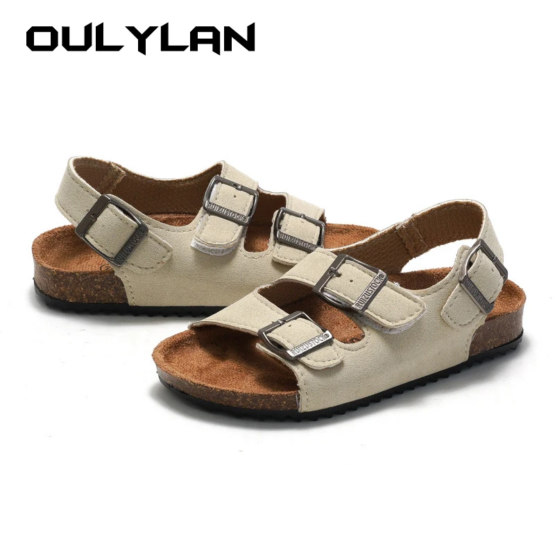 

2024 Children's Cork Sandals Boys Comfortable Straight Line Shoes Girls Fashion Slippers Spring Summer Beach Shoes Double Rings