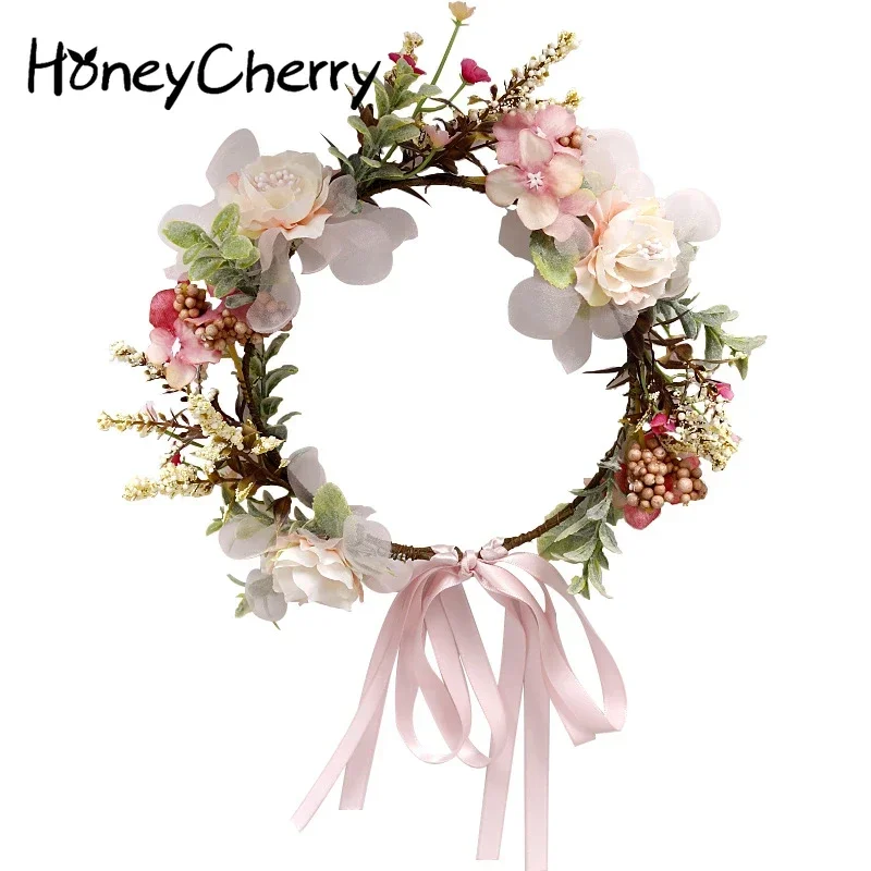 HoneyCherry Children's Headdress Wreath Headband Pink Ribbon Bow Headband Flower Hair Accessories(for1-7old)