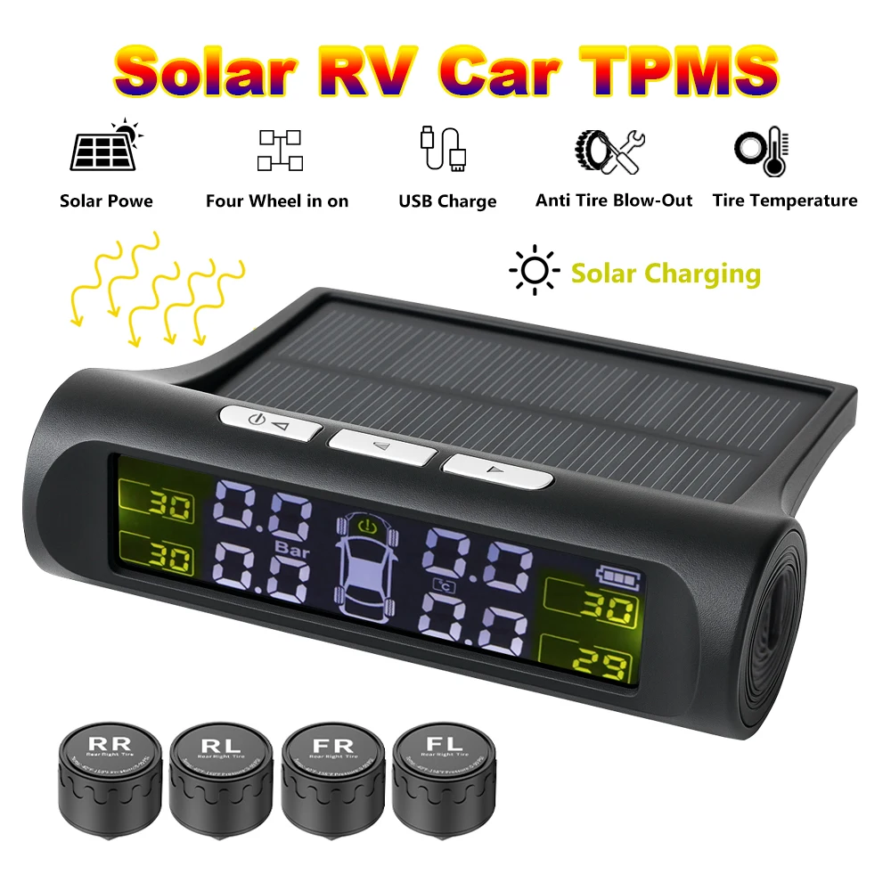 Smart Solar TPMS RV Tire Pressure Monitoring System Automobile Security Alarm Digital Display Car Tire Tester 4 Tyre Sensors