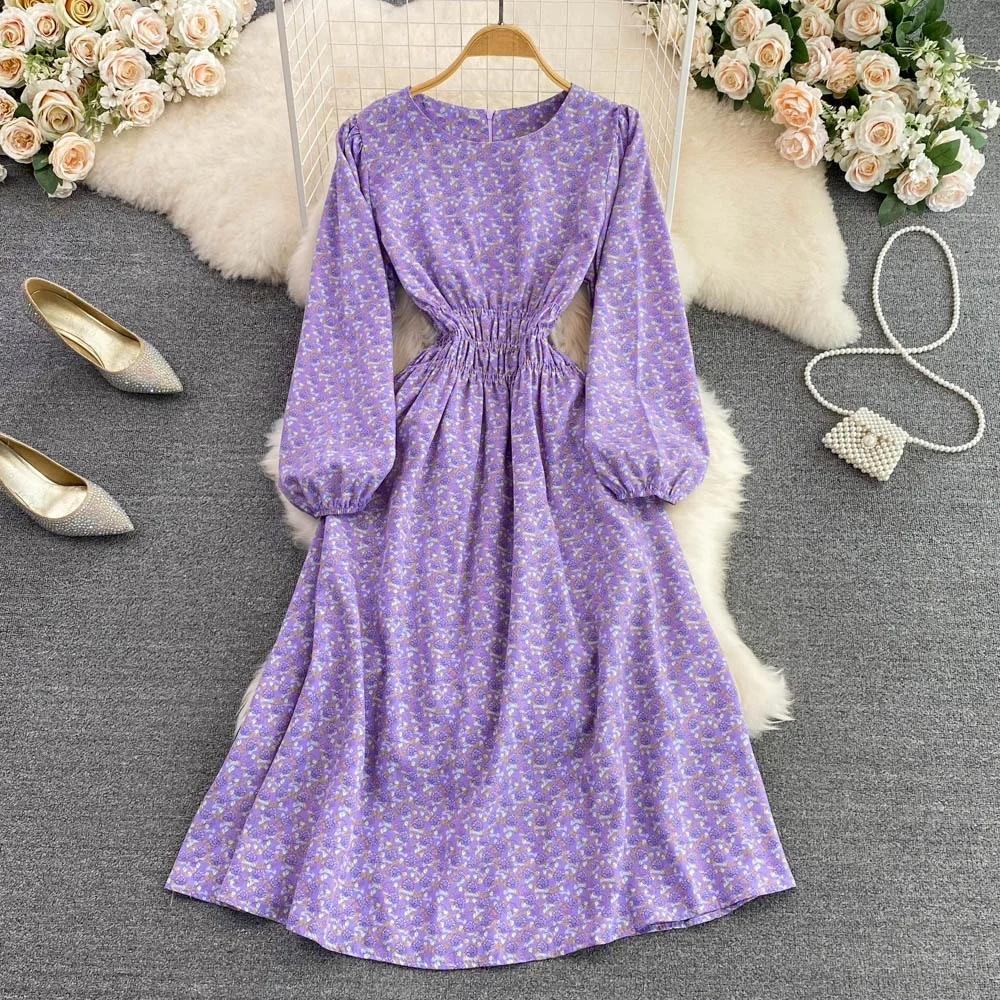 Vestido Floral Dulce con Corte en A, E Cuello Redondo, Manga Larga, Cintura Ajustada, Falda Midi de Cintura Alta, Esti...