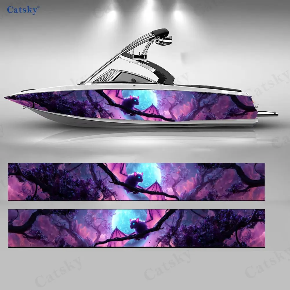 Night Spirit Bat Full Moon Boat Stickers, PVC Waterproof Durable Vinyl Wrap Decals for Fishing Boats, Durable and Stylish Design
