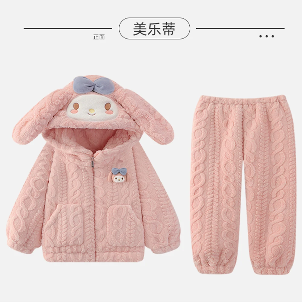 

Sanrios Women's Pajamas Anime Kawaii My Melody Pompom Purins Coral Velvet Thickened Home Wear Nightgown Suit Cute Hooded Zipper
