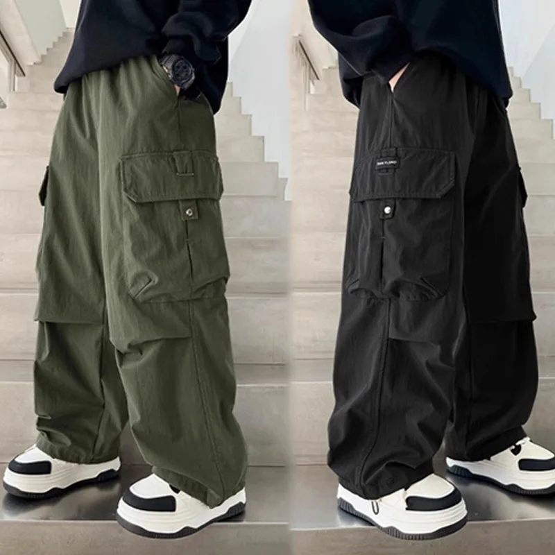 ZOETOPKID Jungen Cargo-Hosen Kinder Frühling Lässige Hosen Kinder Herbst Gerade Weite Hosen Teenager Einfarbige Weitbeinige Kleidung