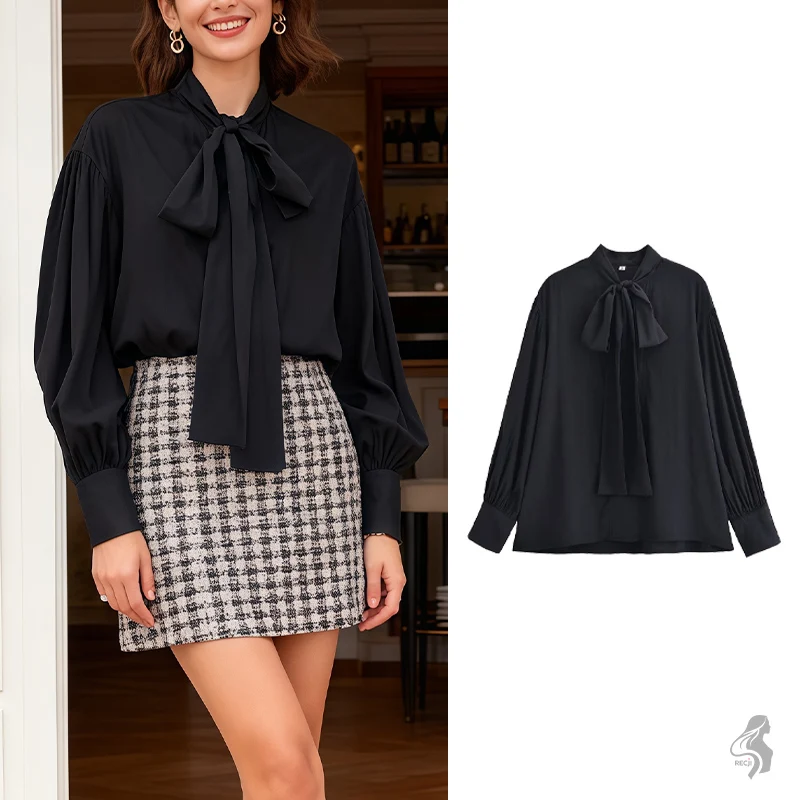 Schickes Hemd mit Stehkragen und Stehkragen für Damen, S-Bluse aus Chiffon mit Laternenärmeln, einzigartiges Design und großer Schleife, Boutique-Pendler-Top