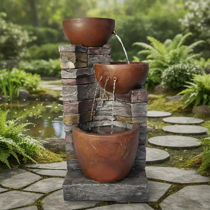KW 3-Tier  Resin Bowl Waterfall Fountain Stone Pillar Design Solar Powered Lighted Handmade Easy Install Outdoor Garden