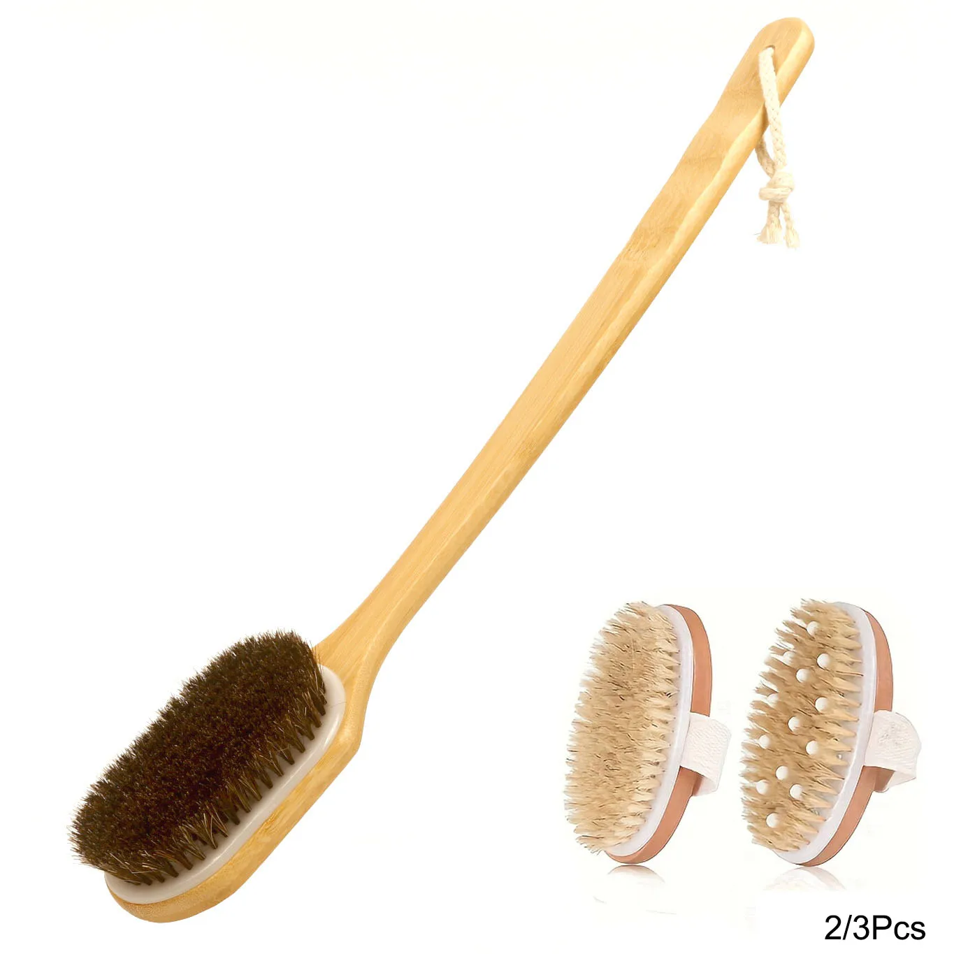 Image of 2/3-teilige Rückenbürste für die Dusche, lange Körperbadebürsten mit steifen Borsten, Holzgriff mit gebogener Form, Hautpeeling-Bürste