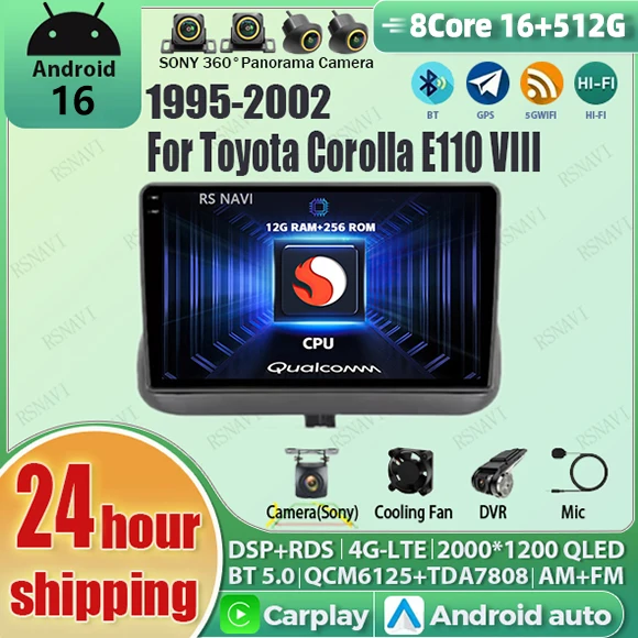 Radio para Auto Android 16 con Carplay, Pantalla QLED 2K Qualcomm, Reproductor para Toyota Corolla E110 1995-2002, GPS, Wifi, 4G, BT, DSP, Multimedia