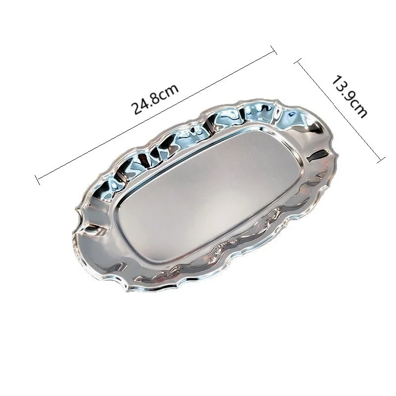 304 stainless steel light luxury solid pattern retro high-end party banquet fruit snack oval afternoon tea cake plate