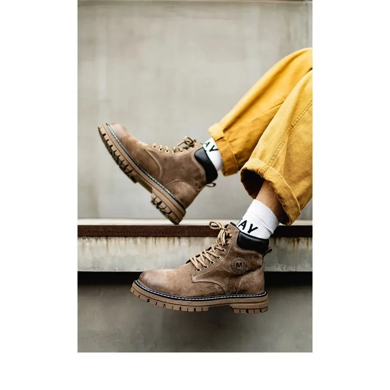 Мужские высокие ботинки, четырехсезонная уличная рабочая обувь, нескользящие и удобные желтые ботинки, модные повседневные кожаные ботинки в британском стиле