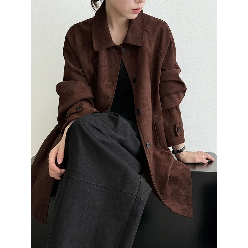 

Suede Notched Collar Loose Mid Length Jacket Women Fall New Single Breasted Coat