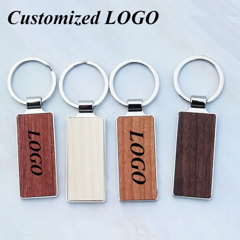 

Custom LOGO Fashion PU Pendant Wood Key Chain Zinc Alloy Car Key Ring Carved Walnut Wooden Personalized Keychain Gift Bulk