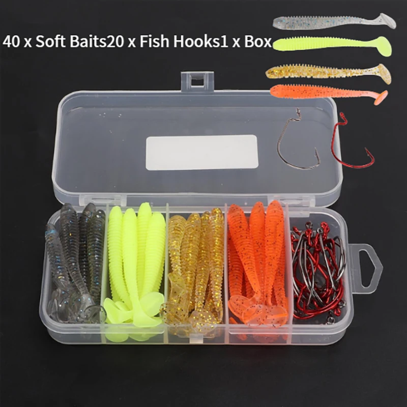 {YY30} 60 Pcs Outdoor Fishing T-Tail Road Runner Soft Bait Crank Hook Combo Set Fake Bait Set Fishing Gear Set