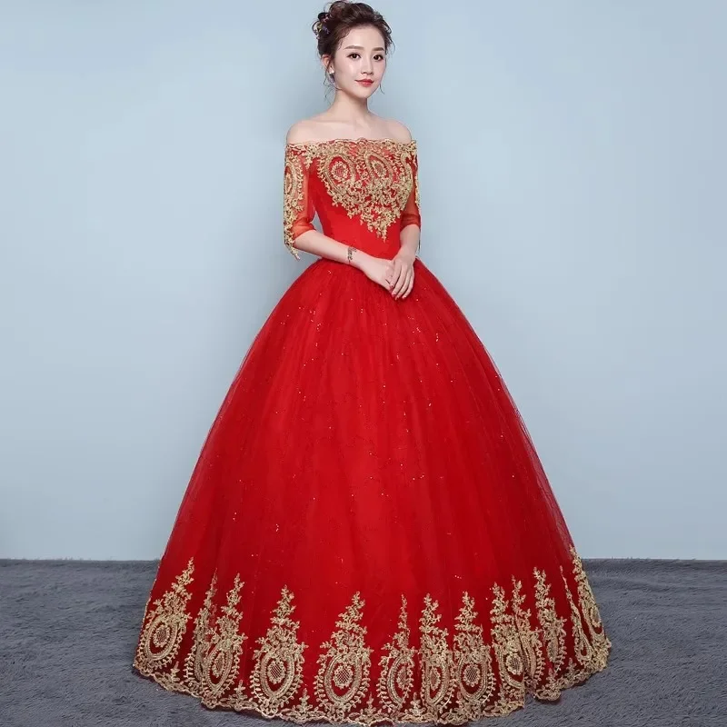 Cheap Red Tulle Wedding Dresses Off the Shoulder Half Sleeves Golden Appliques Princess Floor-length Plus size Ball Gowns XN103