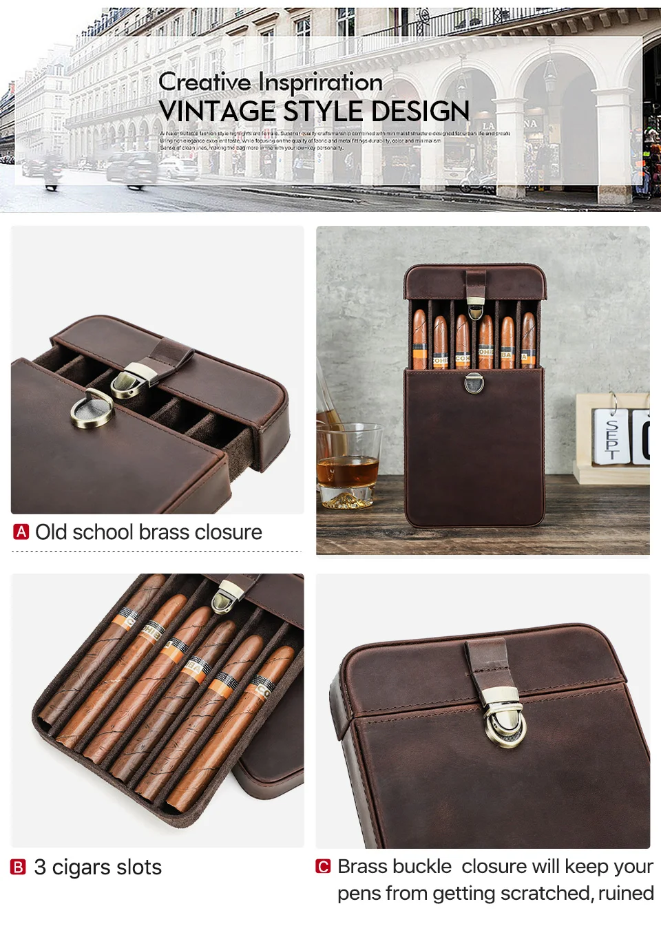 Luxus Echtes Leder Tragbare Zigarre Fall Holster Reise Humidor 3/6 Halter Zigarre Lagerung Tasche Outdoor Vintage Rindsleder – Detail 8