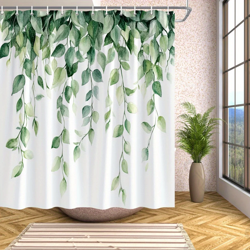 

1 Cascading Green Leaf Shower Curtain - Watercolor Realistic Translucent Texture, Polyester Fabric, With Hook, Machine Washable