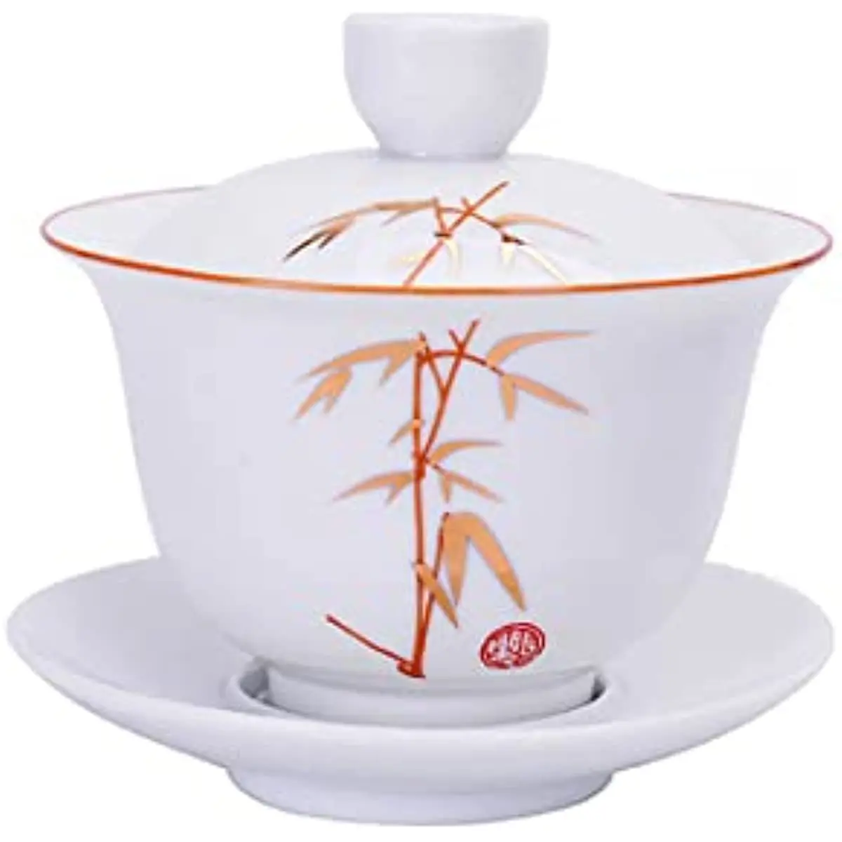 

Porcelain Gaiwan 8oz Teacup White Glazed Tureen Chinese Sancai Cover Bowl Lip Cup Saucer Set (Bamboo) 240ml