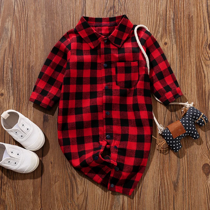 Spring and Autumn Long Sleeves Boys And Girls Literary Style Checkered Shirt Casual Comfortable Short Sleeve Baby Bodysuit