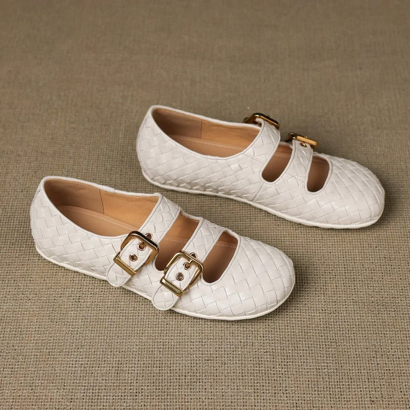 2025 new women's shoes woven cow belt buckle with round head, high height, low heel, flat bottom, shallow mouth large size shoes view 5