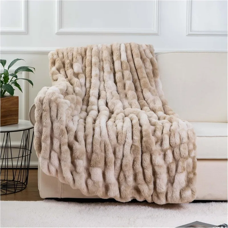

Ruched Luxurious Soft Beige Faux Fur Throw Blanket Fuzzy Plush Elegant with Reversible Mink Blanket for Sofa,Chair,