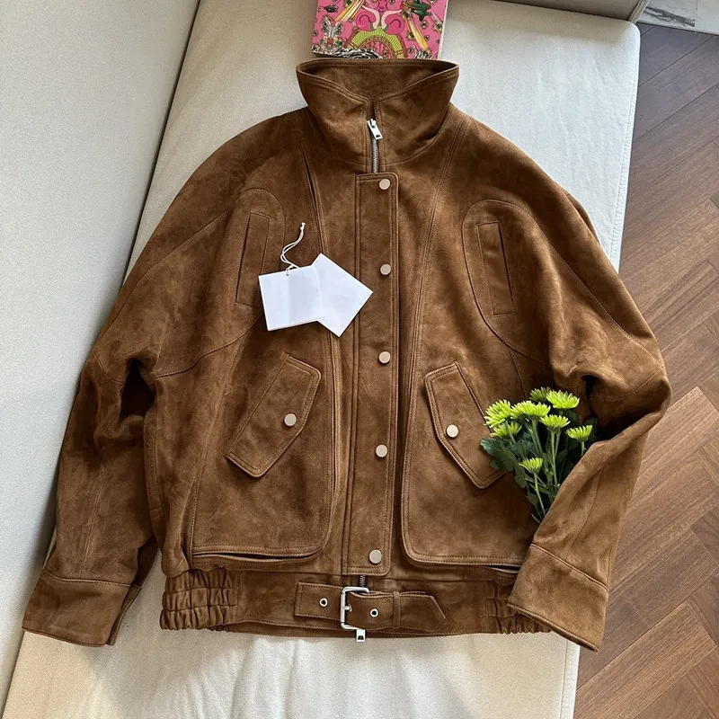 Imported A-level Goatskin Suede Jacket Coats British Style Women's Casual Brown & Black Oversize Real Leather Jacket Coats 2026