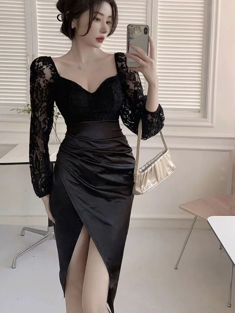 Zoki-Vestido retrô feminino com retalhos, elegante e fino vestido midi sexy com colarinho quadrado, cetim de fenda casual francês, vintage Lady Vestidos