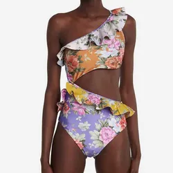 Fashion Colorblock Floral Ruffled One Piece Swimsuit High Waist SlimHollow Strap Bikini Elegant One Shoulder Sexy Beachwear 2023