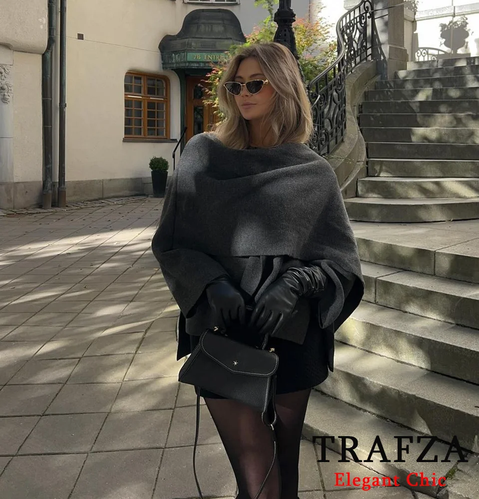 TRAFZA Women Fashion Scarf Knitted Short Jacket Solid Elegant Loose Knitted Cardigan New 2024 Spring Autumn High Street Cardigan