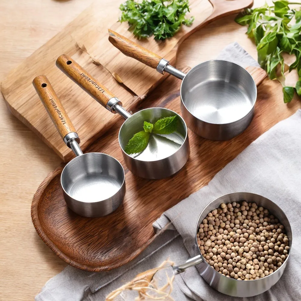 Sturdy and Practical 8-Piece Stainless Steel Measuring Cups and Spoons Set with Wooden Handles for Kitchen Baking, Includes Bake